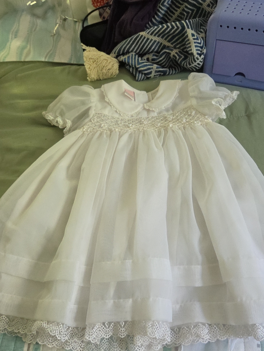 White Smocked Baby Girl Formal Dress with Lace Collar
